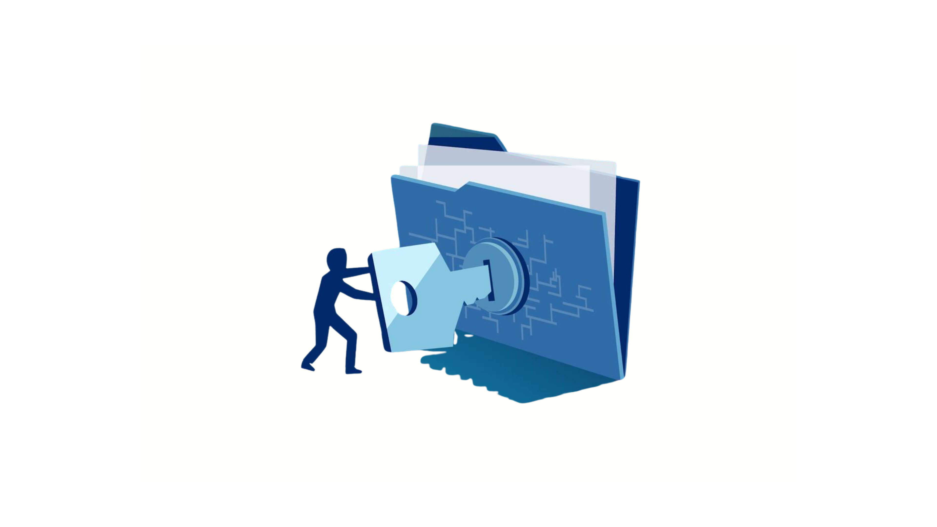 Person using a large key to lock digital file folder representing secure data access and protection
