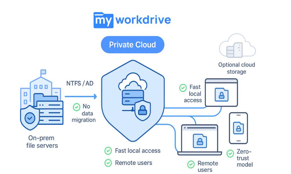 Illustration showing on-prem file servers feeding into a MyWorkDrive secure gateway that exposes a private cloud to laptops, browsers, and mobile devices, with public cloud shown as an optional, secondary component in the background.