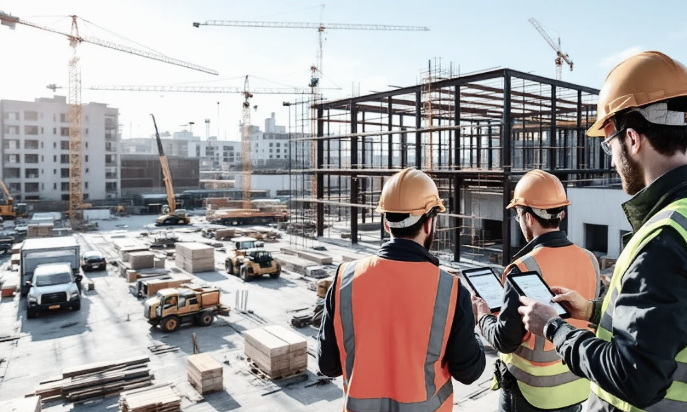 The image depicts a modern construction site where workers are utilizing tablets and mobile devices to access sensitive project information and project files. This setup enhances collaboration and data management, allowing teams to efficiently track project deadlines and share large files in real time.