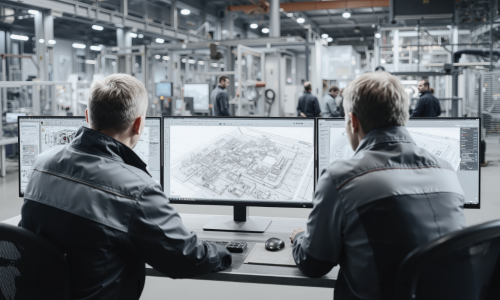 The image depicts a secure office environment where team members are collaboratively working on project documents across various devices, ensuring efficient file sharing and management of sensitive project information. The scene highlights the importance of real-time insights and external collaboration in architecture, engineering, and construction (AEC) workflows.