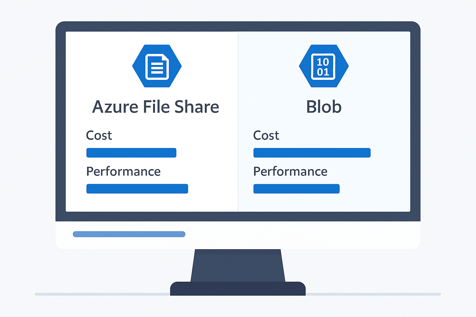 A computer screen displaying cost and performance data for Azure File Share and Blob storage options
