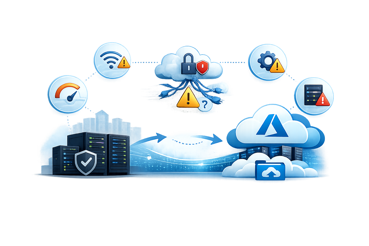 Illustration of hybrid Azure Files deployment challenges showing on-premises servers and Azure cloud storage connected with warning icons representing connectivity, performance, configuration, and security issues affecting hybrid file infrastructure.