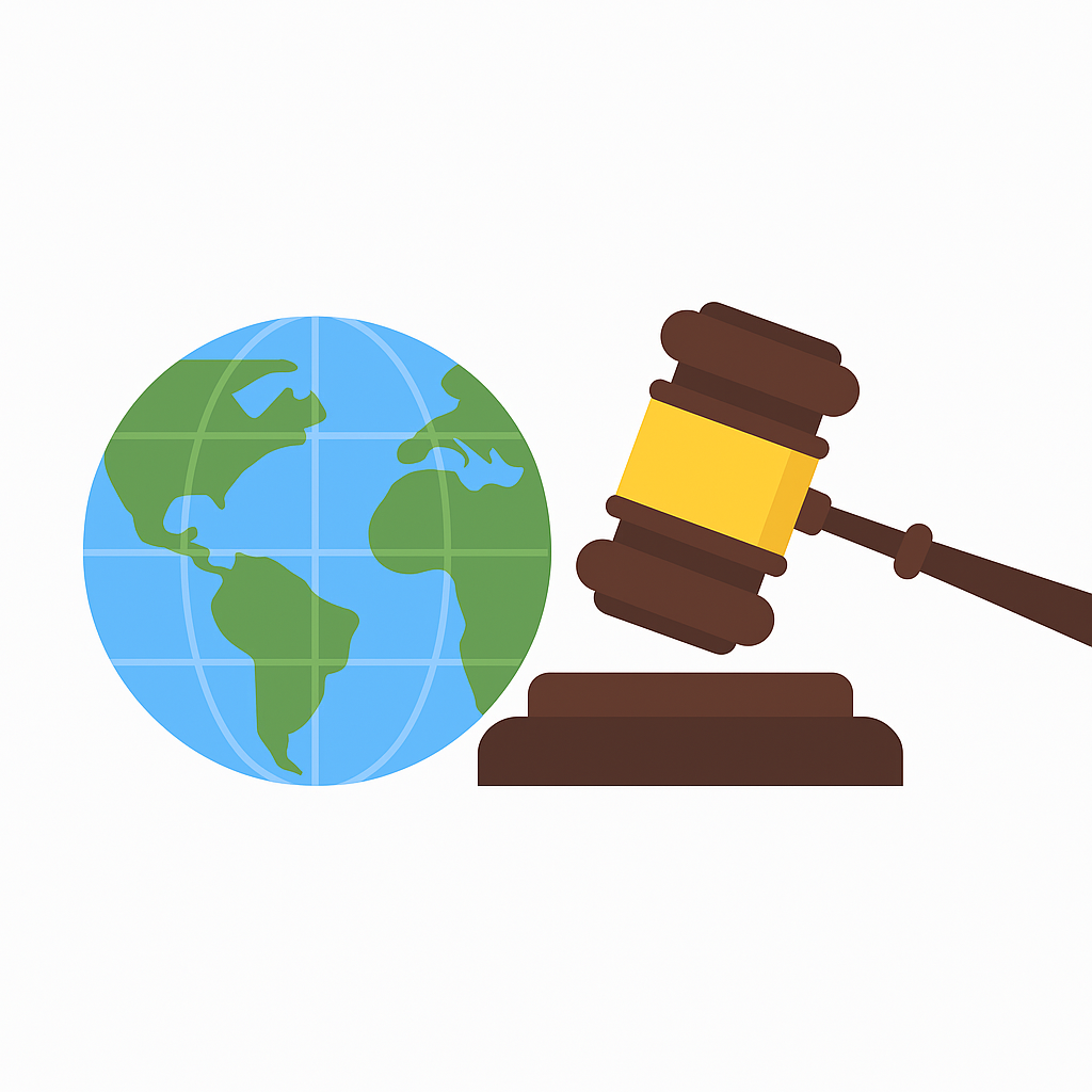 A globe next to a judge's gavel representing Global Legal Framework and Compliance