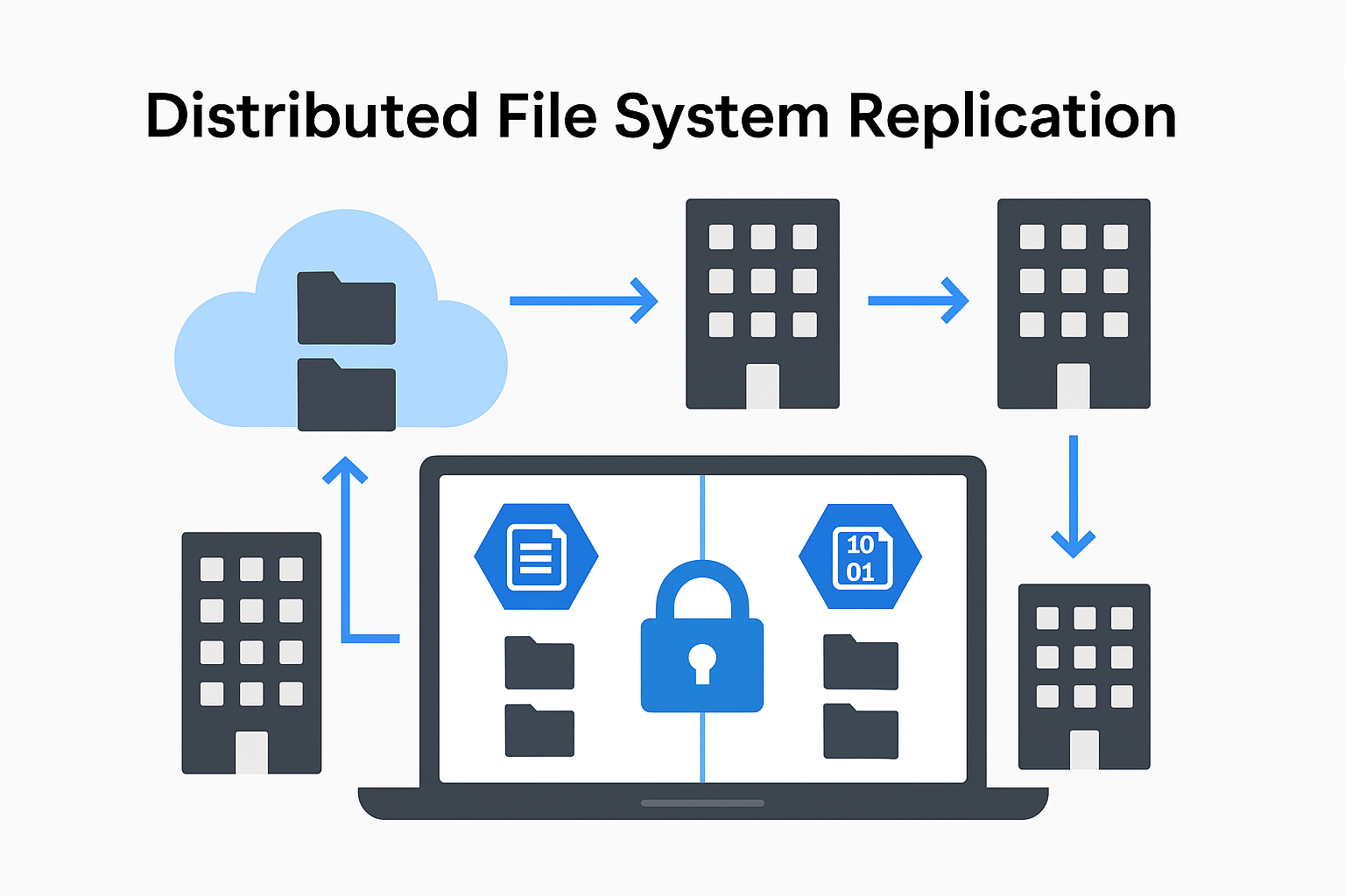 An illustration of a distributed file system replication setup across multiple servers.