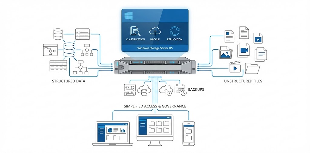 Diagram of Windows Storage Server OS as a central hub organizing classification, backup, and replication across multiple data sources and user devices on a clean white background.