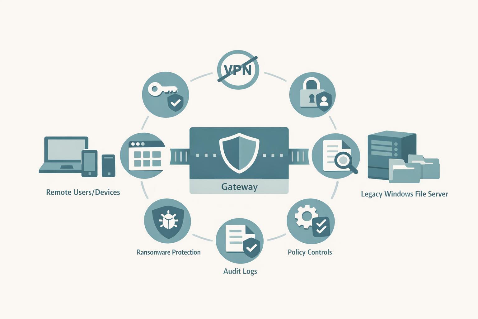 infographic showing a central secure gateway connecting remote users and devices to a legacy file server, surrounded by icons for MFA, no VPN, least privilege, audit logging, policy controls, and ransomware protection.
