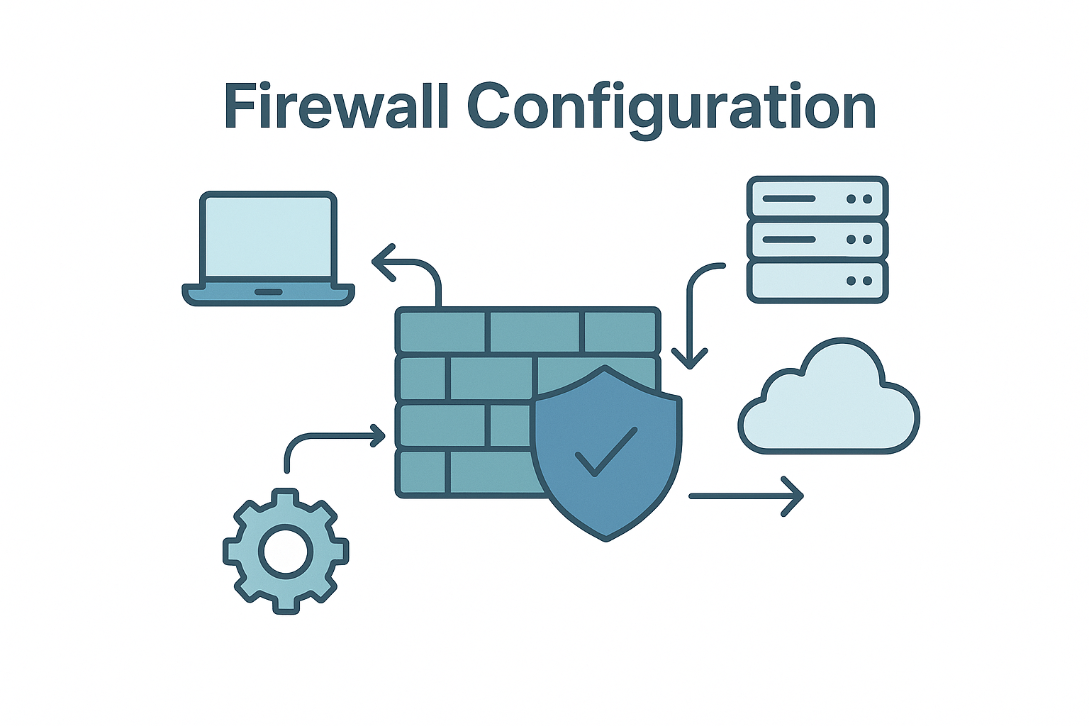 Illustration of firewall setup showing data flow between laptop, servers, and cloud with shield security icon.