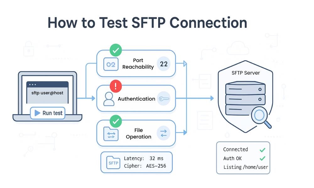 Illustration showing a workstation running an SFTP test through a series of steps—host resolution, port reachability, authentication, and file transfer—to a secure SFTP server, with visual status indicators and connection logs.