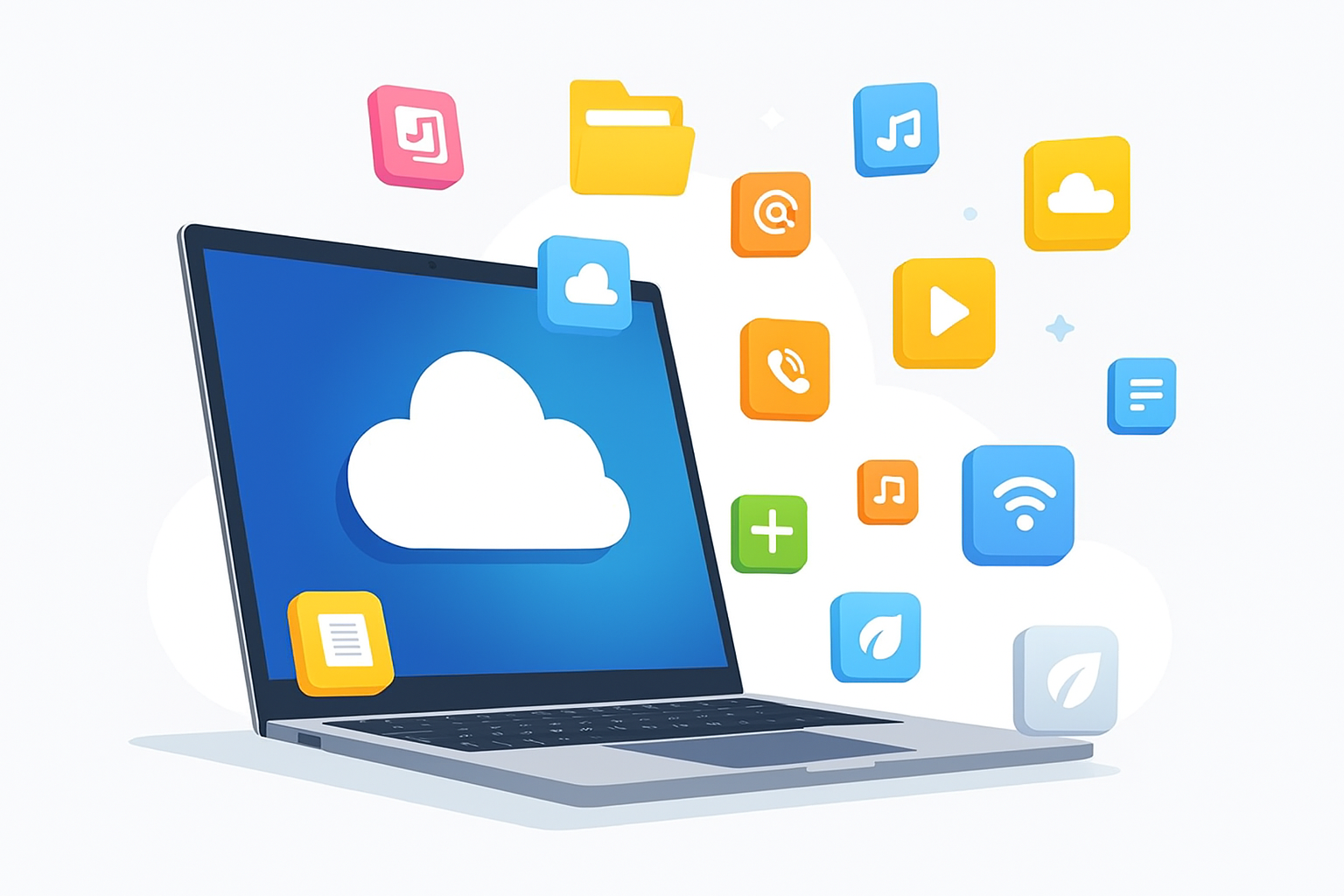 A laptop with a file folder icon surrounded by various app icons, with a cloud and checkmark symbol in the background