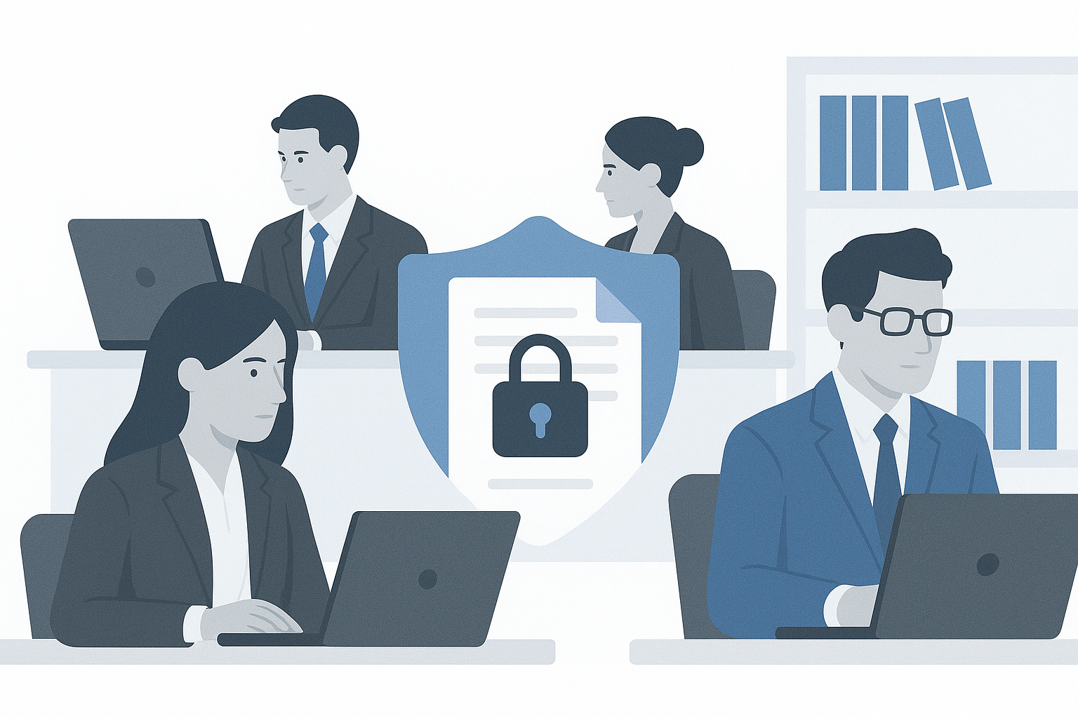 The image depicts a modern law office where lawyers are focused on their computers, emphasizing the importance of secure file sharing and data protection in the legal profession. This environment highlights the need for maintaining client confidentiality and ensuring compliance with strict regulations while managing sensitive documents and client information.