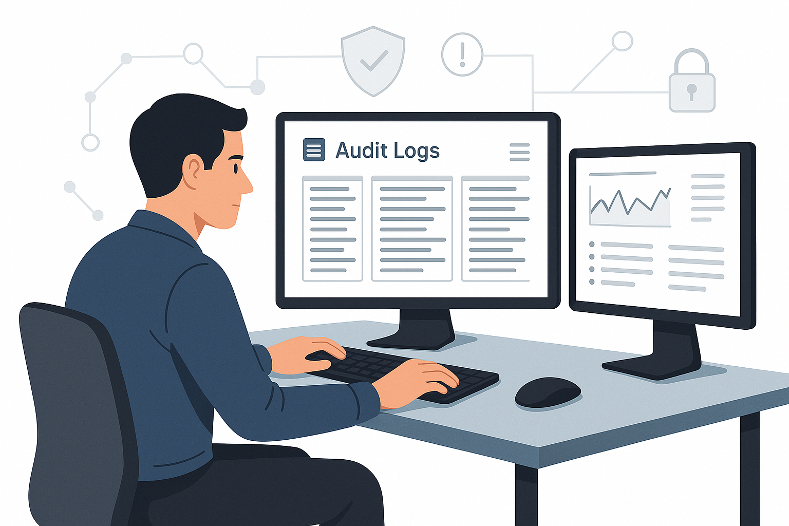 A digital forensics specialist is intently analyzing audit logs displayed across multiple computer screens, ensuring data security and compliance for law firms. The setup highlights the importance of protecting client confidentiality and managing sensitive information effectively.
