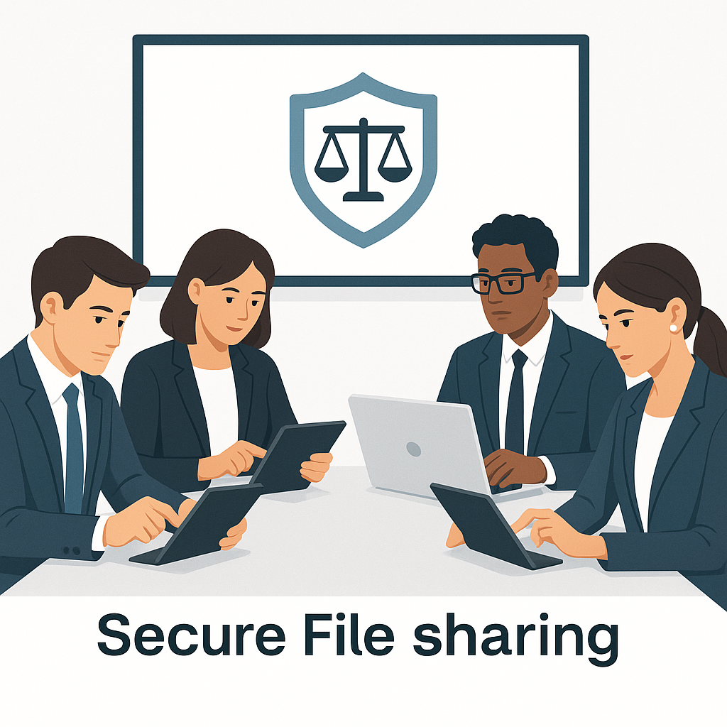 A group of attorneys is collaborating in a modern conference room, using tablets and laptops to work on legal documents. They focus on secure file sharing practices to protect client confidentiality and ensure data security while managing sensitive information.