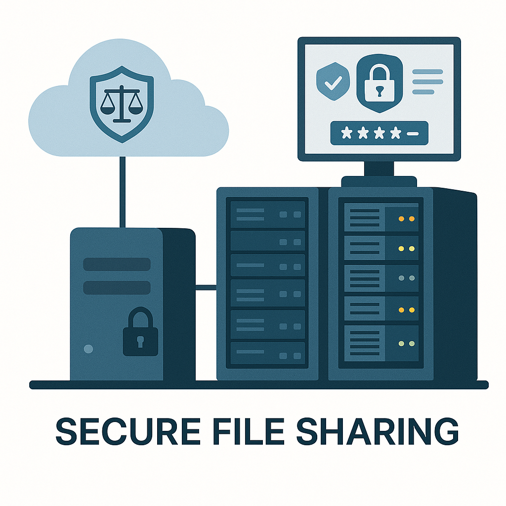The image depicts a modern law firm server room equipped with both hybrid cloud and on-premises storage infrastructure, emphasizing secure file sharing and data security measures essential for protecting client confidentiality. The setup includes advanced technology to ensure secure access to sensitive information and compliance with strict regulations in the legal industry.