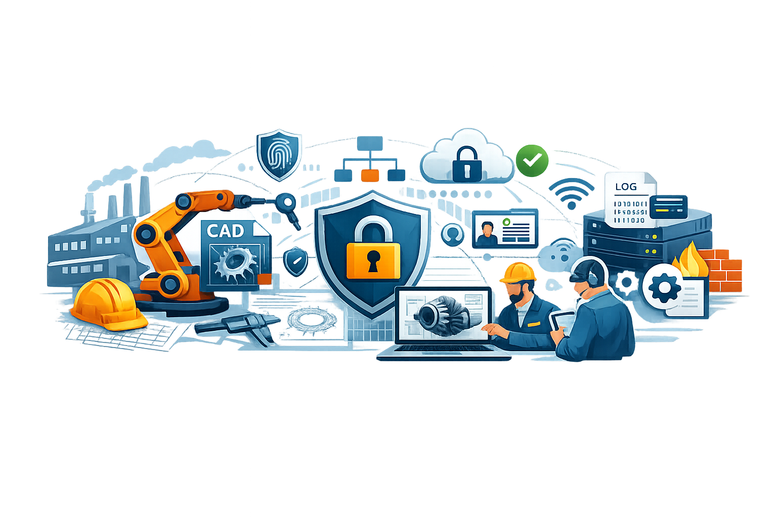 Manufacturing secure file sharing illustration: factory and engineers securely accessing CAD files with identity checks, encryption, firewall protection, and audit logging.