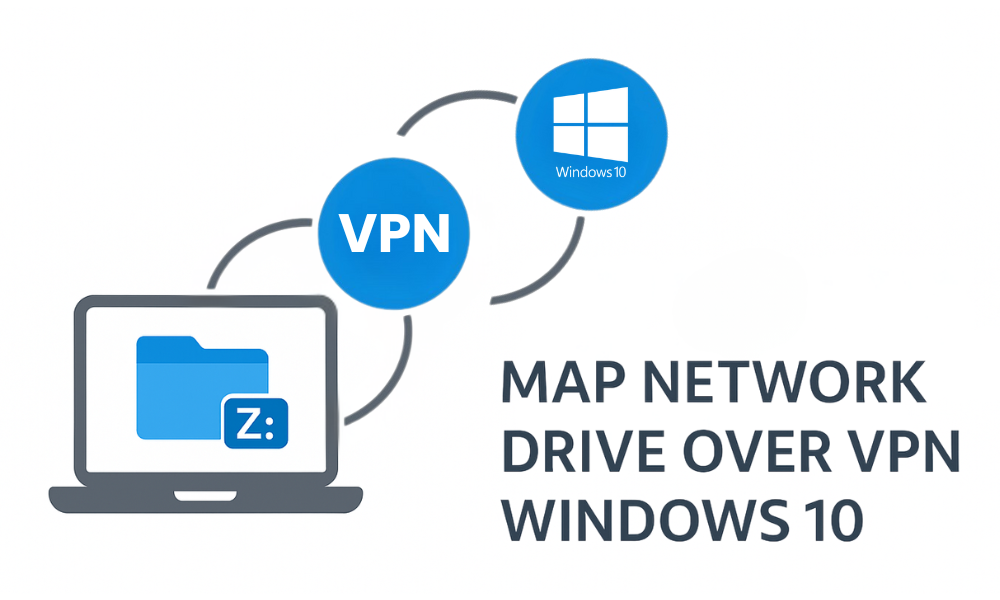 A computer screen displaying the Windows 10 interface with a VPN connection established and a network drive being mapped