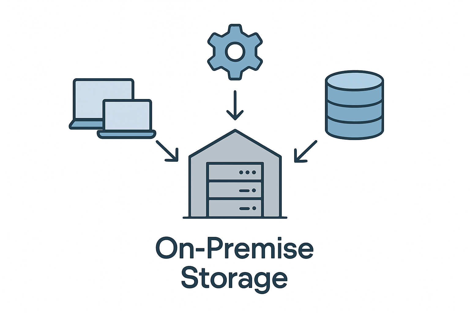 On-premise storage system connecting data servers with local computers and database units