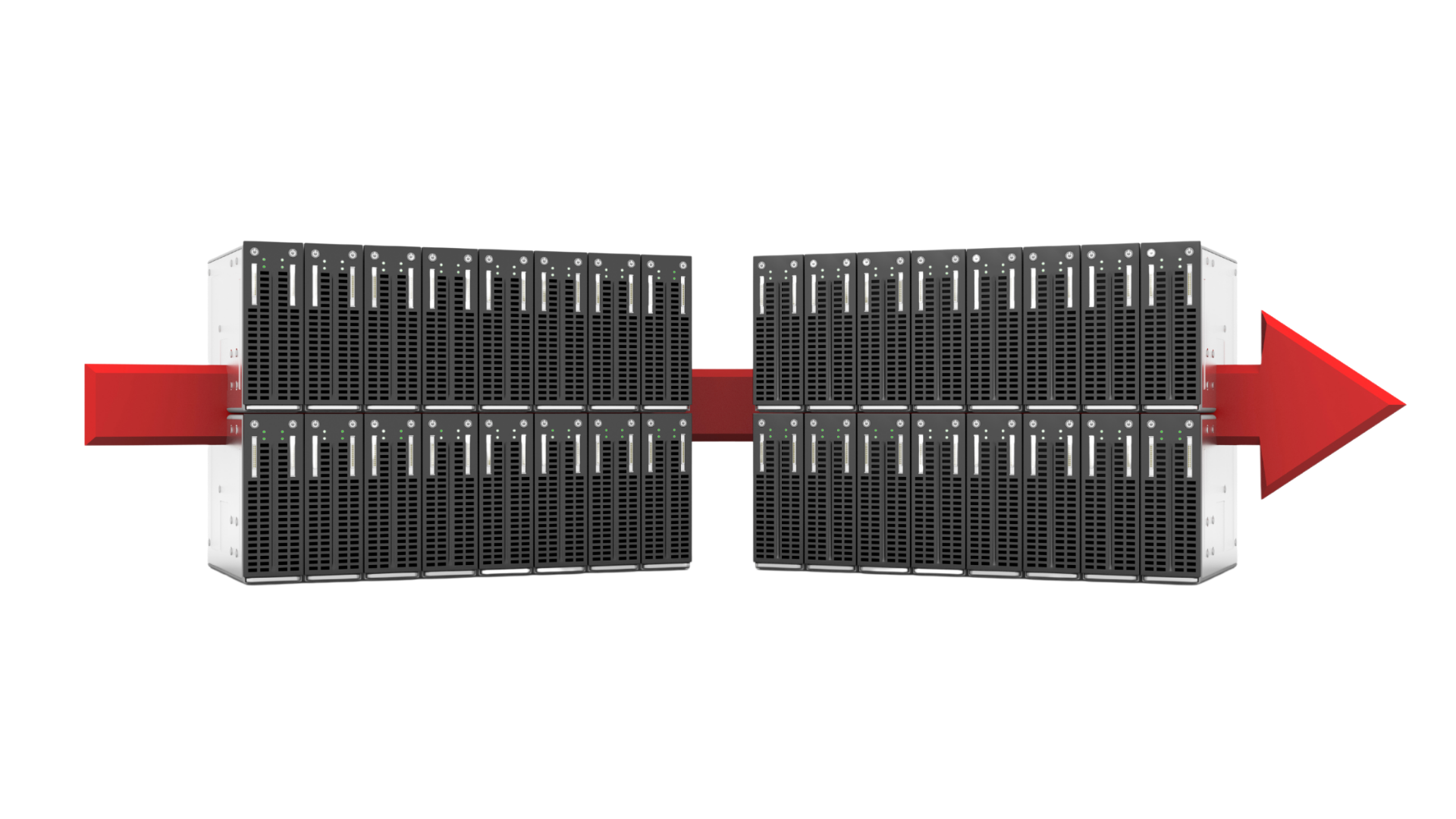 3D render showing data flow across two server racks connected by a large red directional arrow.