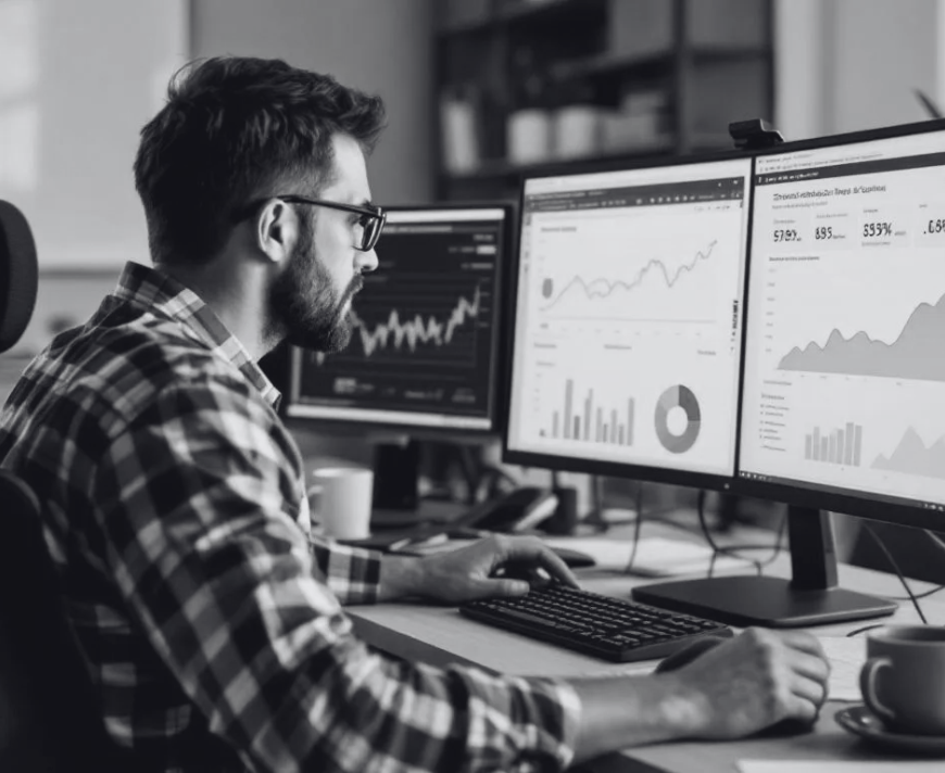 Administrator analyzing SharePoint storage metrics and site usage reports on multiple computer screens