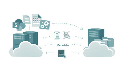 diagram showing SharePoint content migrating between two storage environments, with documents, lists, libraries, metadata tags, and permission icons moving along arrows from one side to the other.