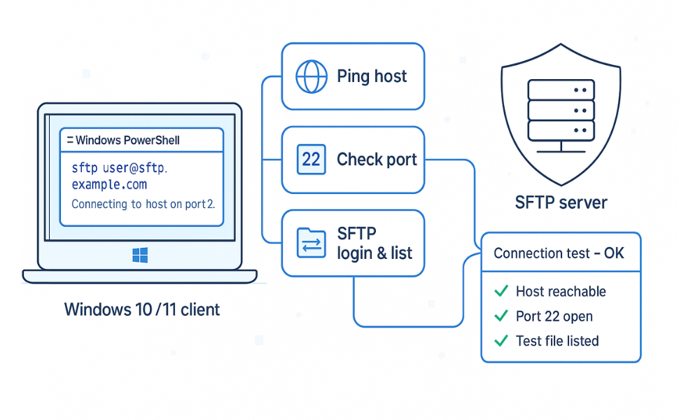 Minimal illustration showing a Windows PowerShell window running an sftp command, a three step checklist for ping, port 22, and SFTP login, and a secure SFTP server icon with a Windows style status panel confirming a successful connection.