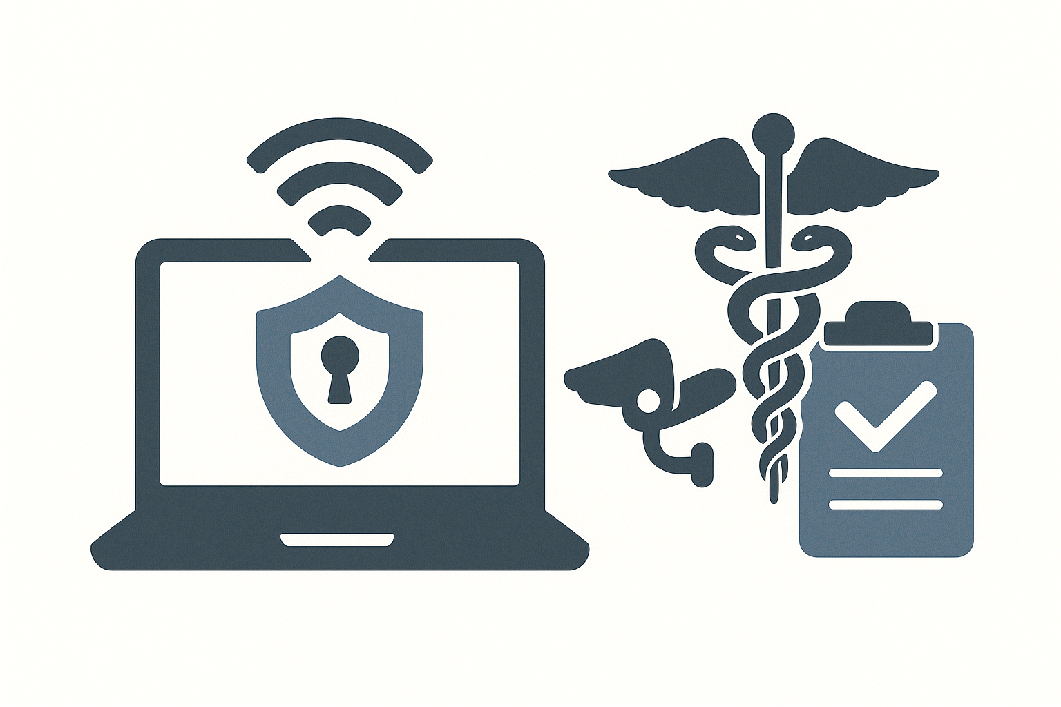 Illustration showing secure healthcare data access with encryption, compliance, and monitoring icons