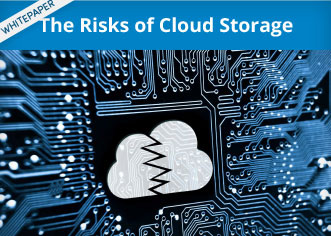 The Risks of Cloud Storage whitepaper graphic showing damaged cloud icon and digital circuit