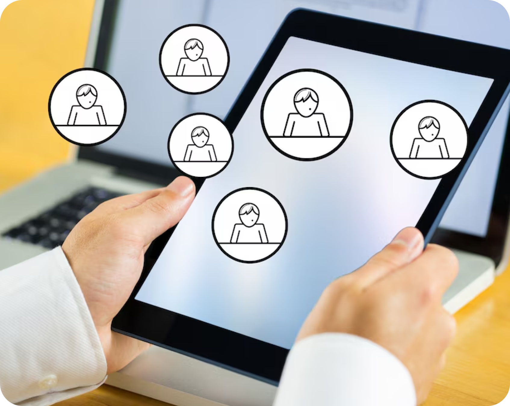 Tablet displaying connected team icons symbolizing remote collaboration and digital teamwork