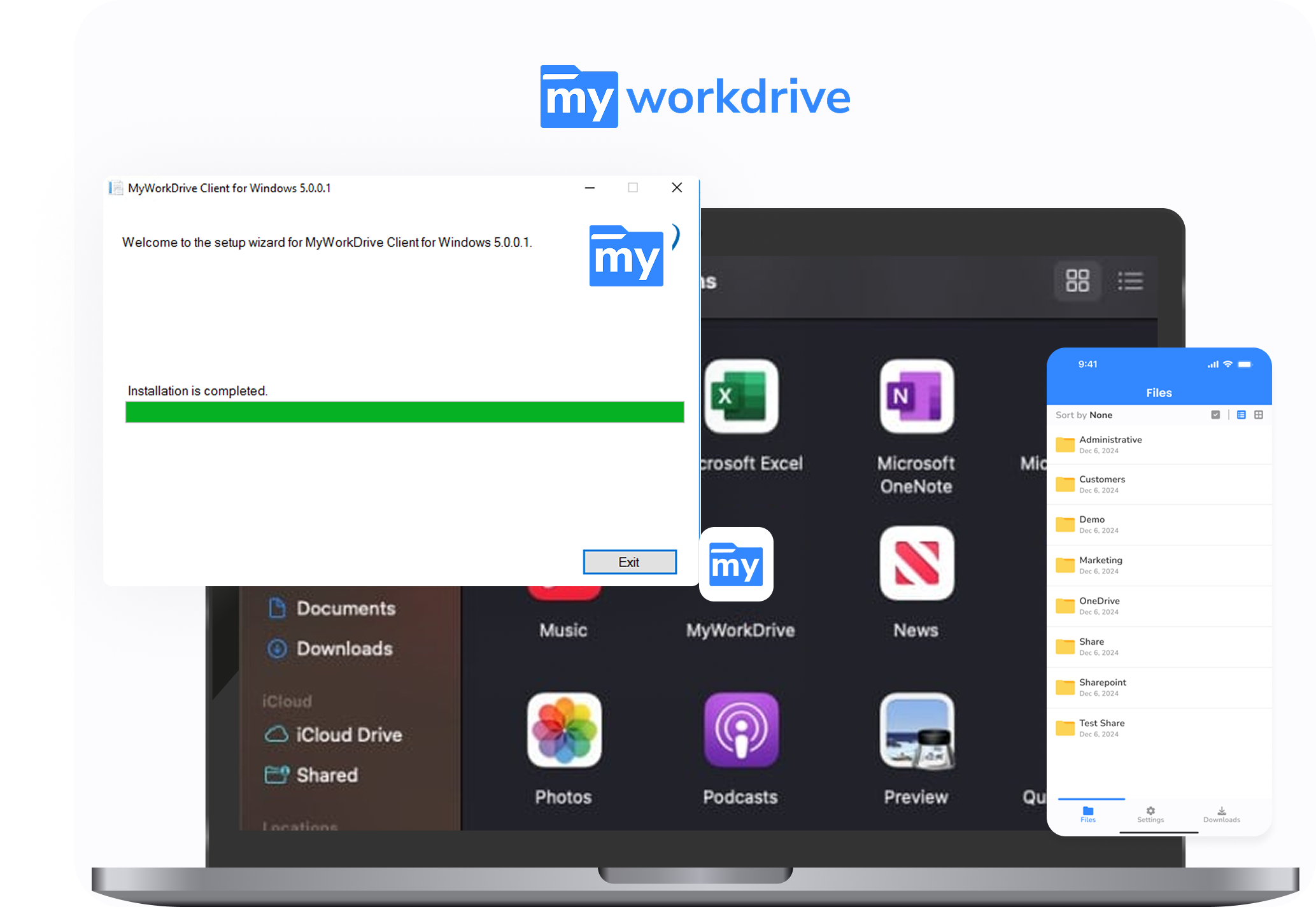 MyWorkDrive installation complete screen showing secure file access on desktop and mobile platforms